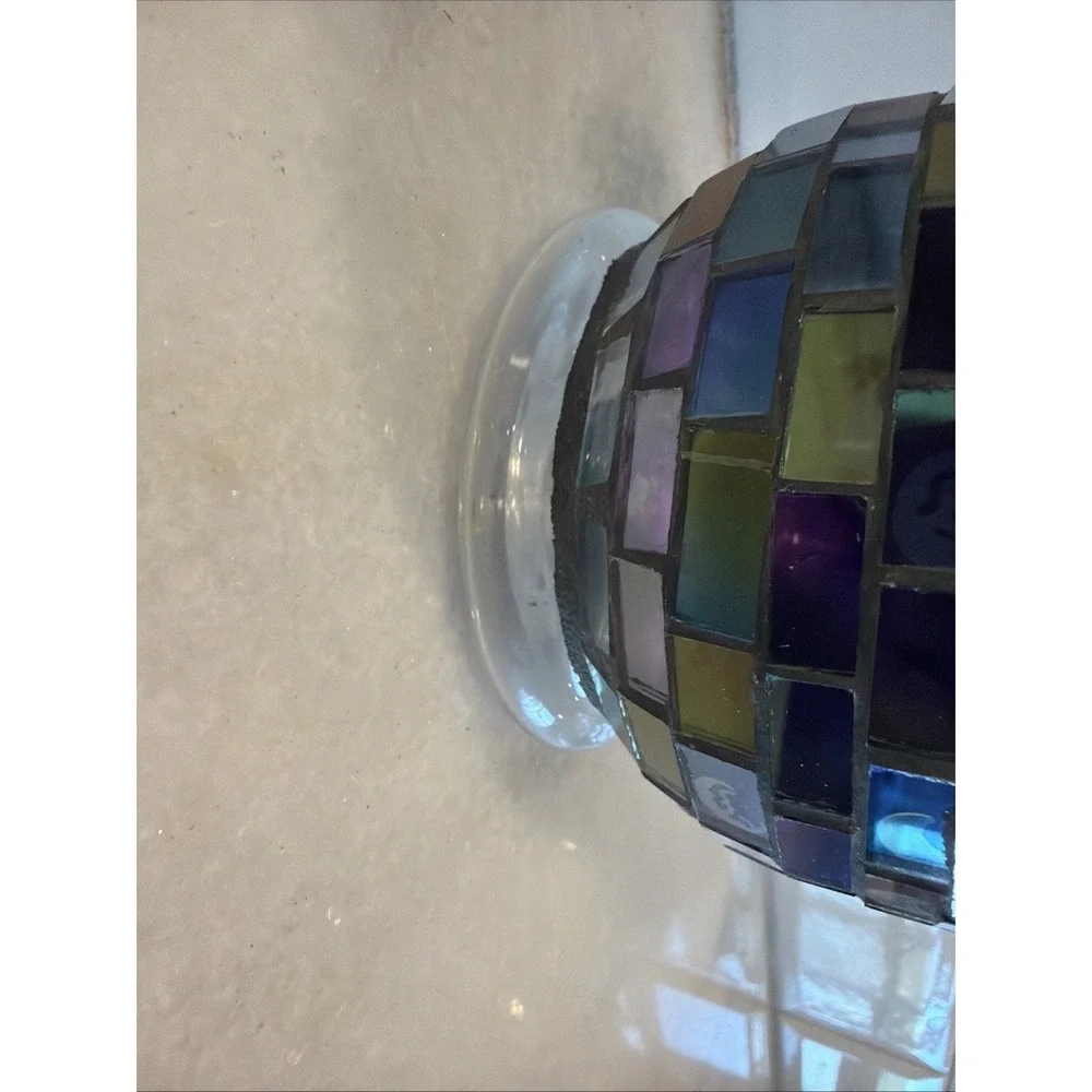 Stunning Vtg Iridescent Purple GLASS MOSAIC HURRICANE LAMP/candle Holder GW993 - Picture 3 of 10